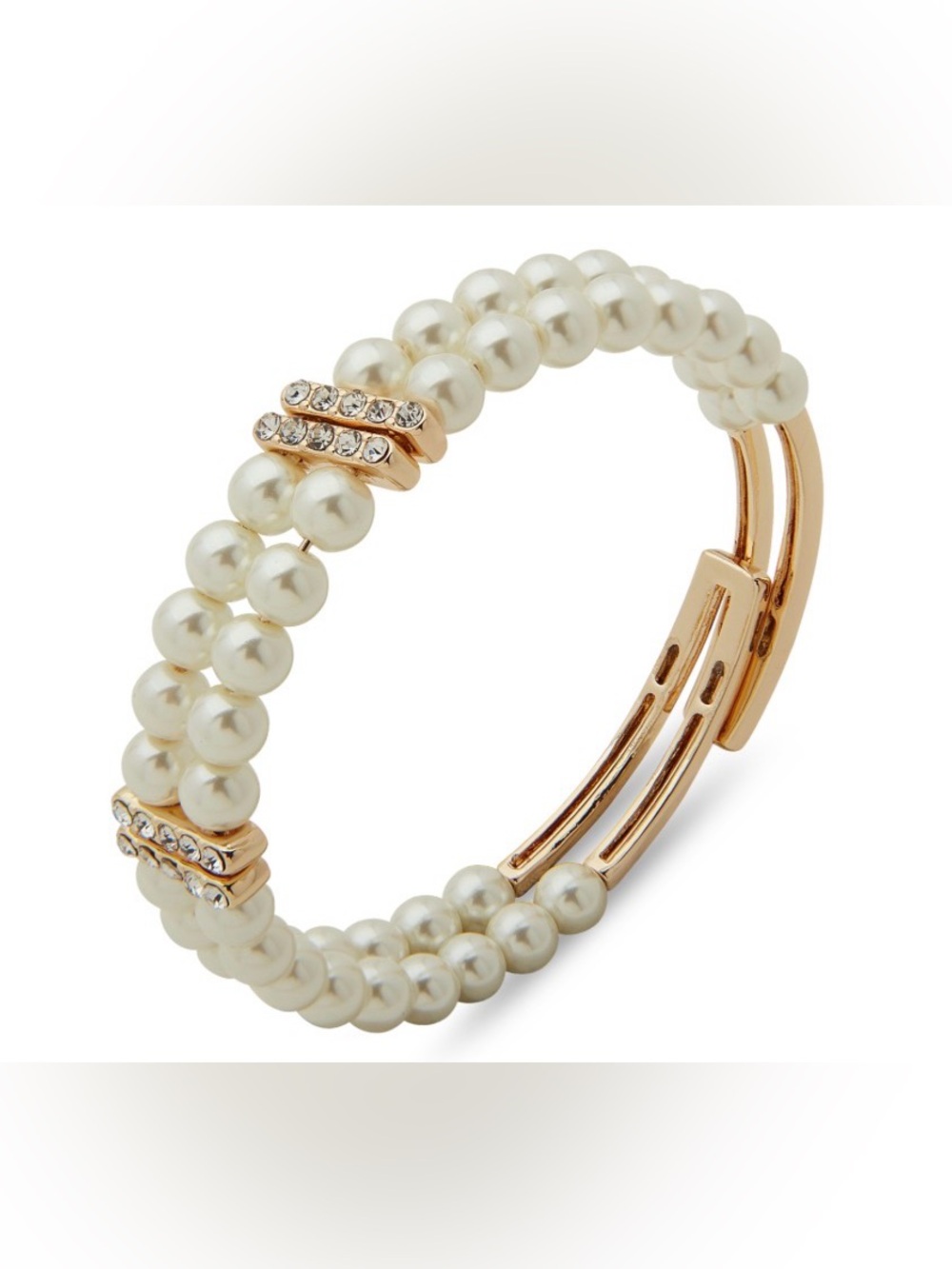 NWT Anne Klein Gold-Tone Pave & Imitation Pearl Double-Row Coil Bracelet Crystal